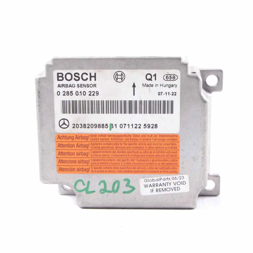 Airbag Module Mercedes W203 W209 SRS Control Unit Crash Sensor ECU to with Part number A2038209885 Airbag Module Mercedes W203 W209 SRS Control Unit Crash Sensor ECU - SKU A2038209885 - Part number A2038209885