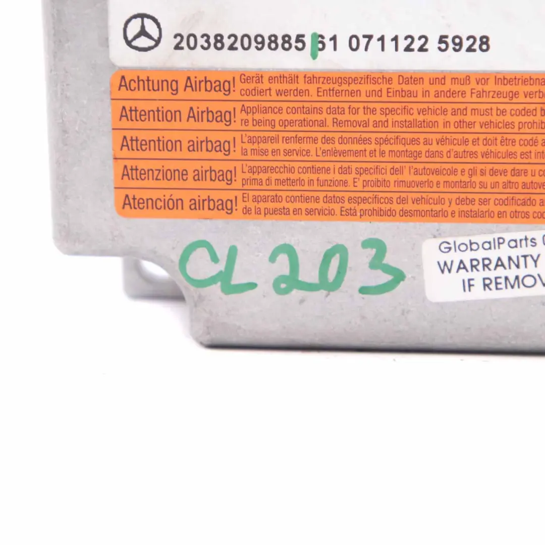 Airbag Module Mercedes W203 W209 SRS Control Unit Crash Sensor ECU to with Part number A2038209885 Airbag Module Mercedes W203 W209 SRS Control Unit Crash Sensor ECU - SKU A2038209885 - Part number A2038209885