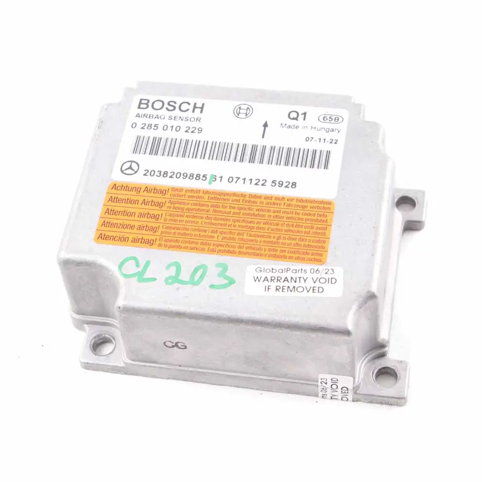 ECU Unità controllo Crash Impact Sensor Modulo Airbag A2038207385 per Mercedes W203 con numero di parte A2038209885 Mercedes W203 ECU Unità controllo Crash Impact Sensor Modulo Airbag A2038207385 - SKU A2038209885 - Numero di parte A2038209885