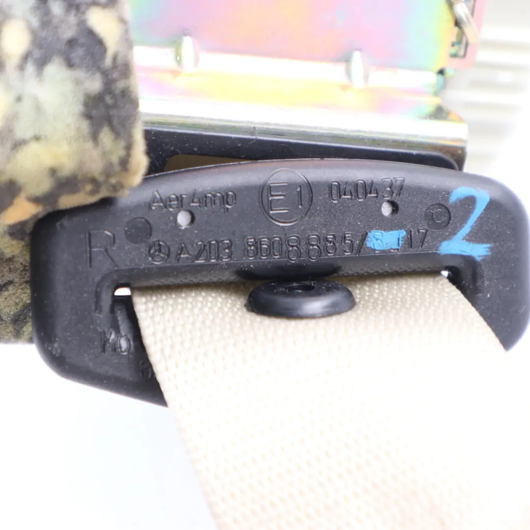 Belt Rear Right O/S Safety Upper Belt Beige to Mercedes W203 Seat with Part number A2038608885 Mercedes W203 Seat Belt Rear Right O/S Safety Upper Belt Beige - SKU A2038608885-2 - Part number A2038608885