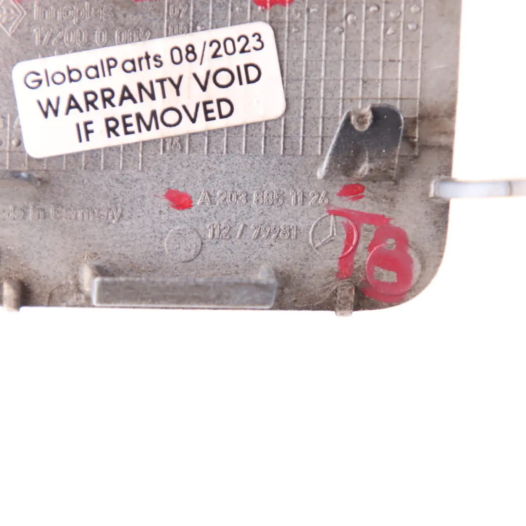 Bumper Flap Mercedes CL203 Towing Eye Cover Tanzanite Blue to Rear with Part number A2038851126 Rear Bumper Flap Mercedes CL203 Towing Eye Cover Tanzanite Blue - SKU A2038851126-TB - Part number A2038851126