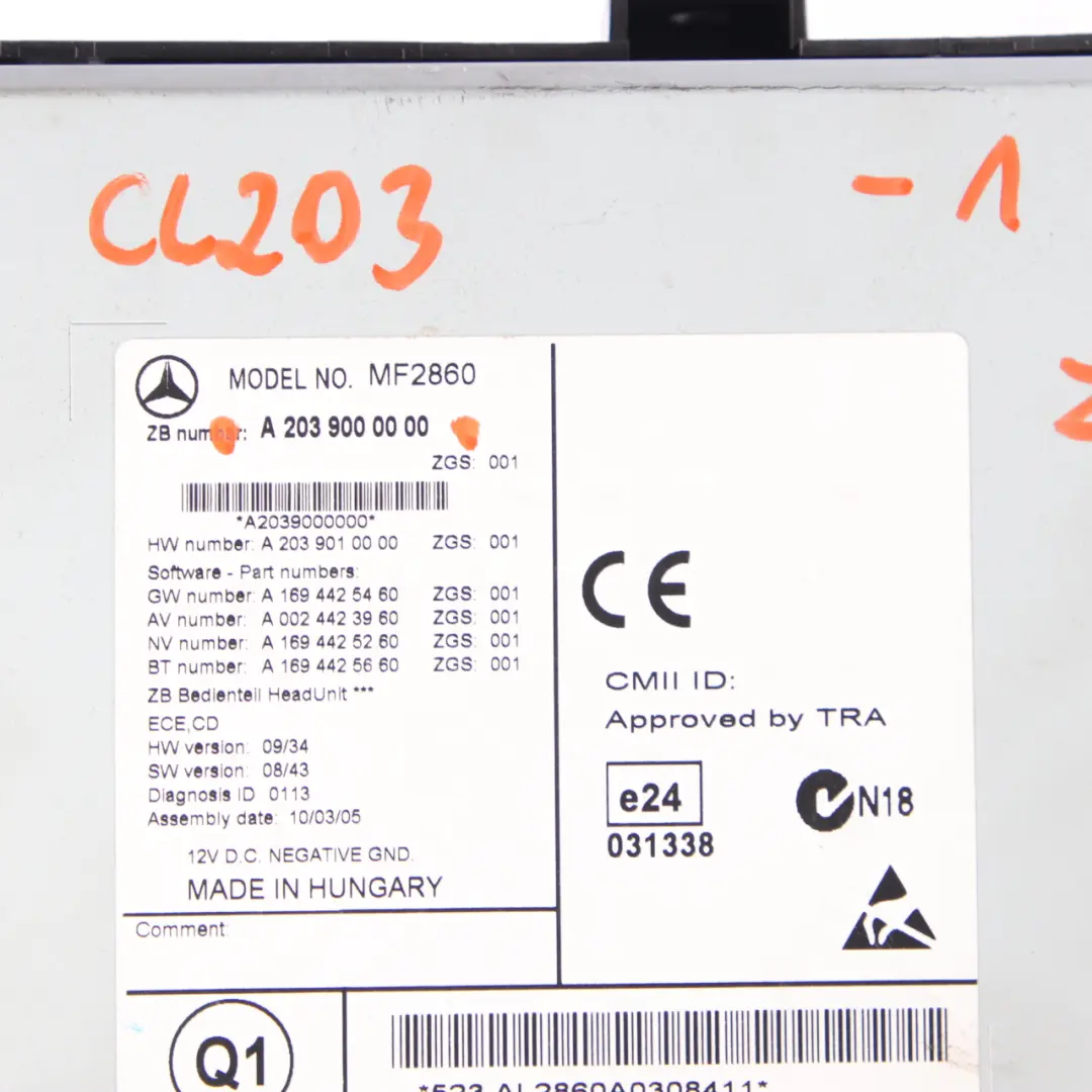 Mercedes CL203 Head Unit CD Player Radio Audio Controller Unit - SKU A2039000000-1 - Part number A2039000000