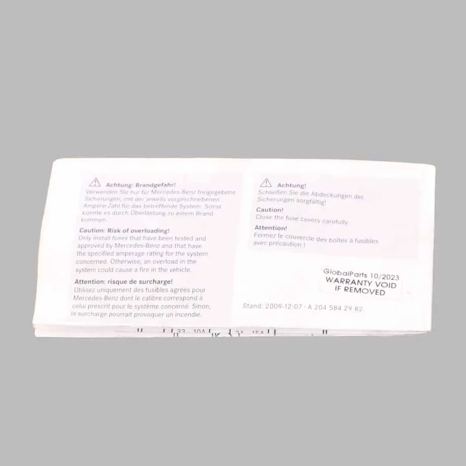 Mercedes W204 Fuse Box Grouping Fuse Placement Map Card Diagram - SKU A2045842982 - Part number A2045842982