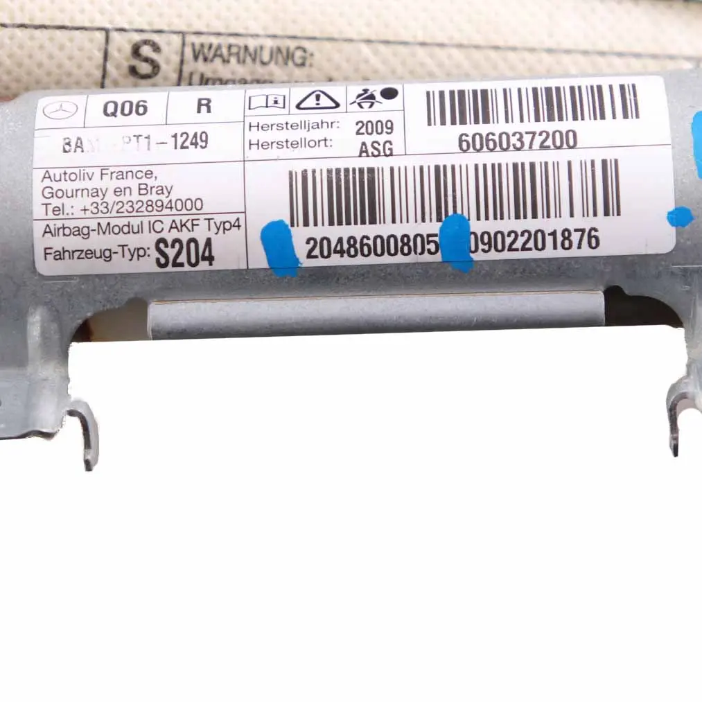 Head Airbag Roof Curtain Right O/S to Mercedes S204 Estate with Part number A2048600805 Mercedes S204 Estate Head Airbag Roof Curtain Right O/S - SKU A2048600805 - Part number A2048600805