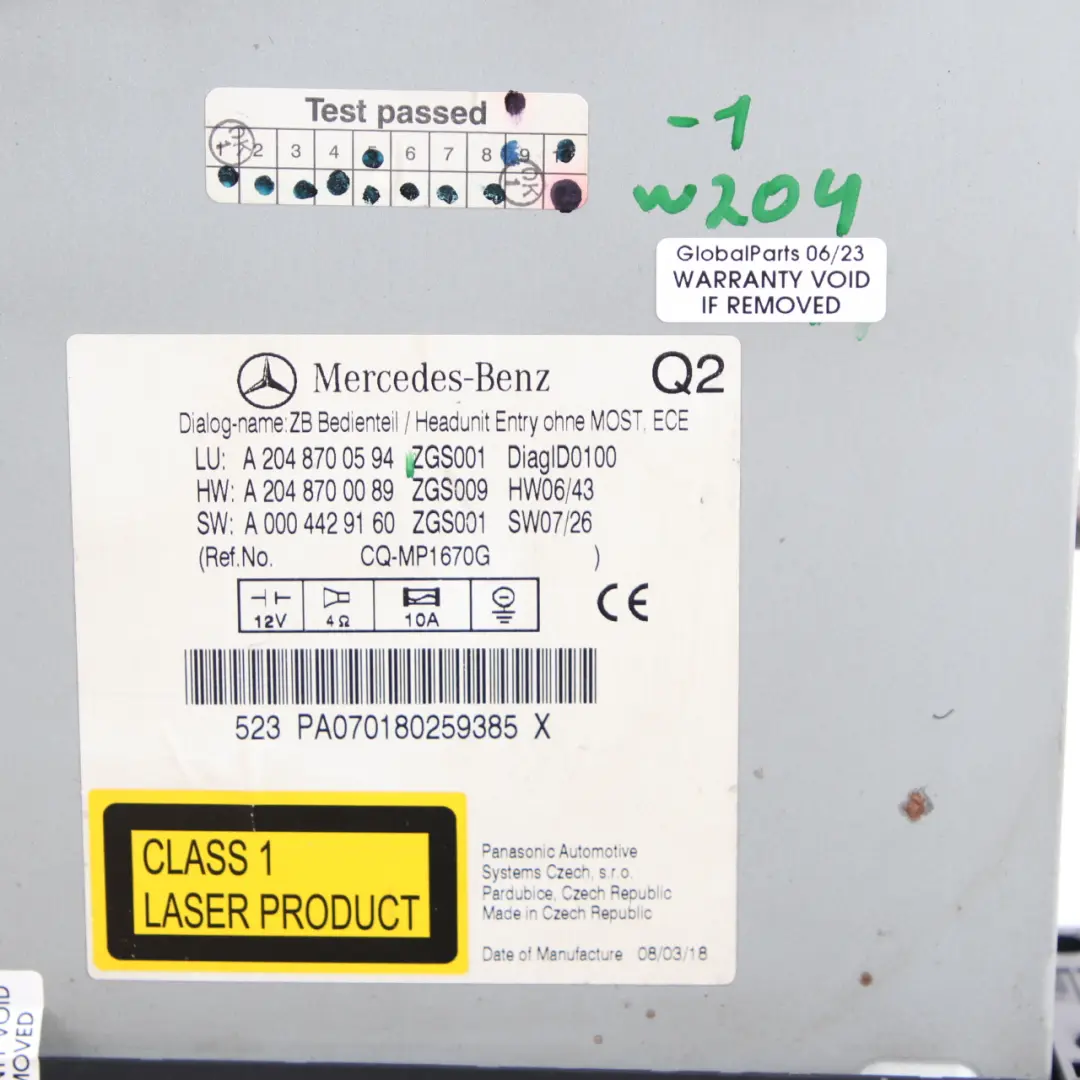  Radio Player Mercedes-Benz W204 COMAND Navi CD Head Unit - SKU A2048700594 - Part number A2048700594