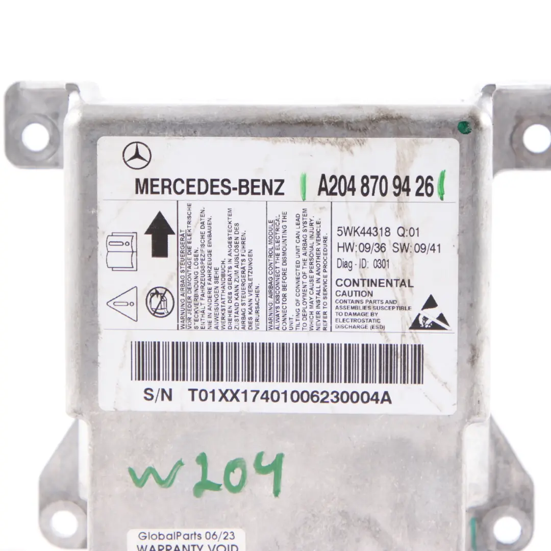Mercedes W204 Airbag Modul Steuergerät SRS Sensor ECU - SKU A2048709426 - Teilenummer A2048709426