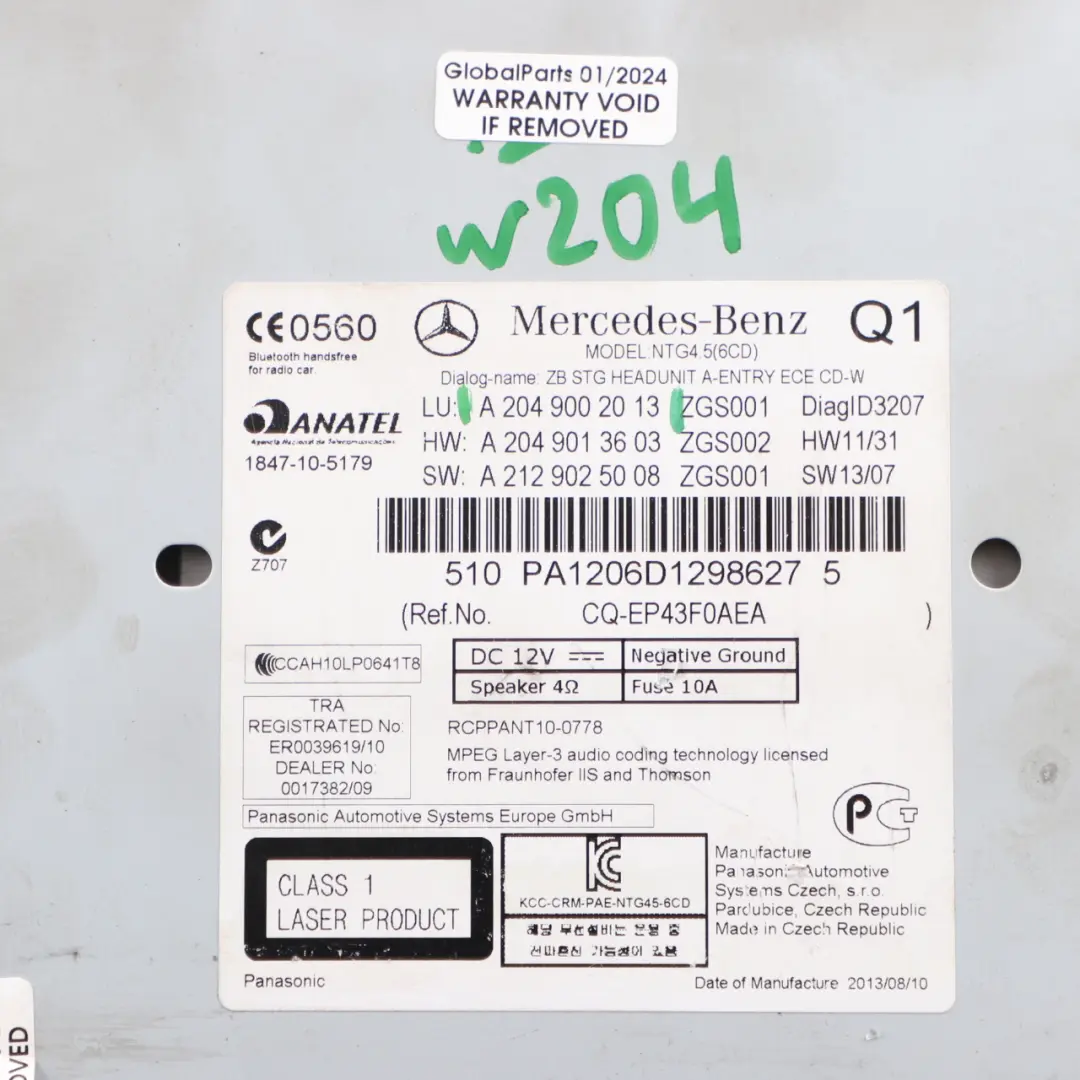 W204 Mercedes Sat Nav CD Player Radio Stereo Head Unit W204 - SKU A2049002013 - Part number A2049002013
