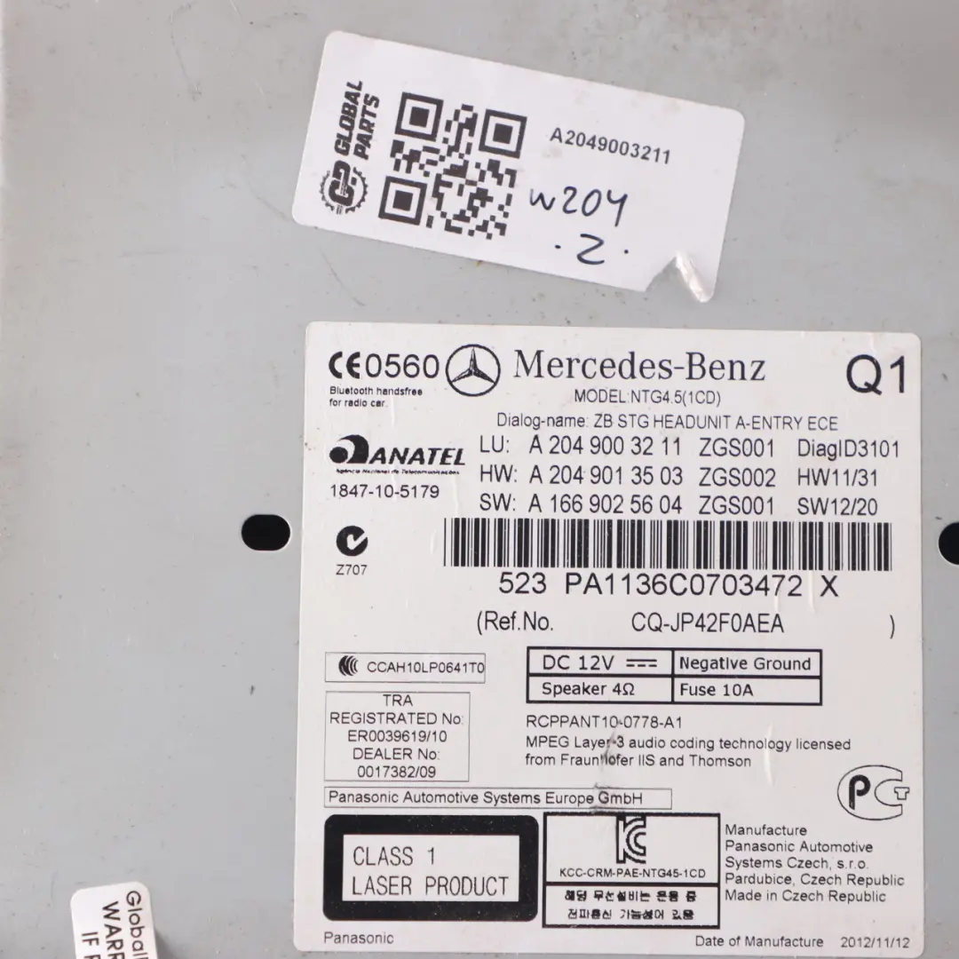 Mercedes W204 Radio Radioodtwarzacz CD - SKU A2049003211 - Numer Części A2049003211