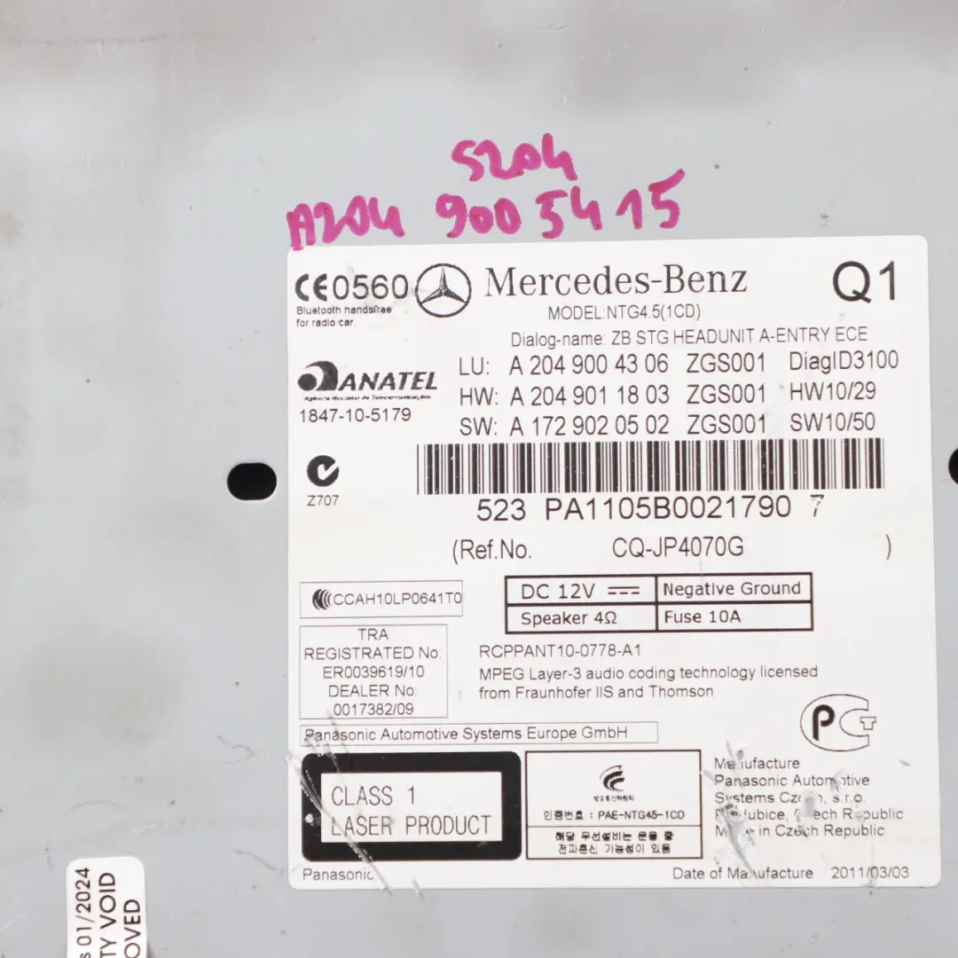 Mercedes W204 Navigazione Lettore CD COMAND Radio Unità Principale - SKU A2049004306 - Numero di parte A2049004306