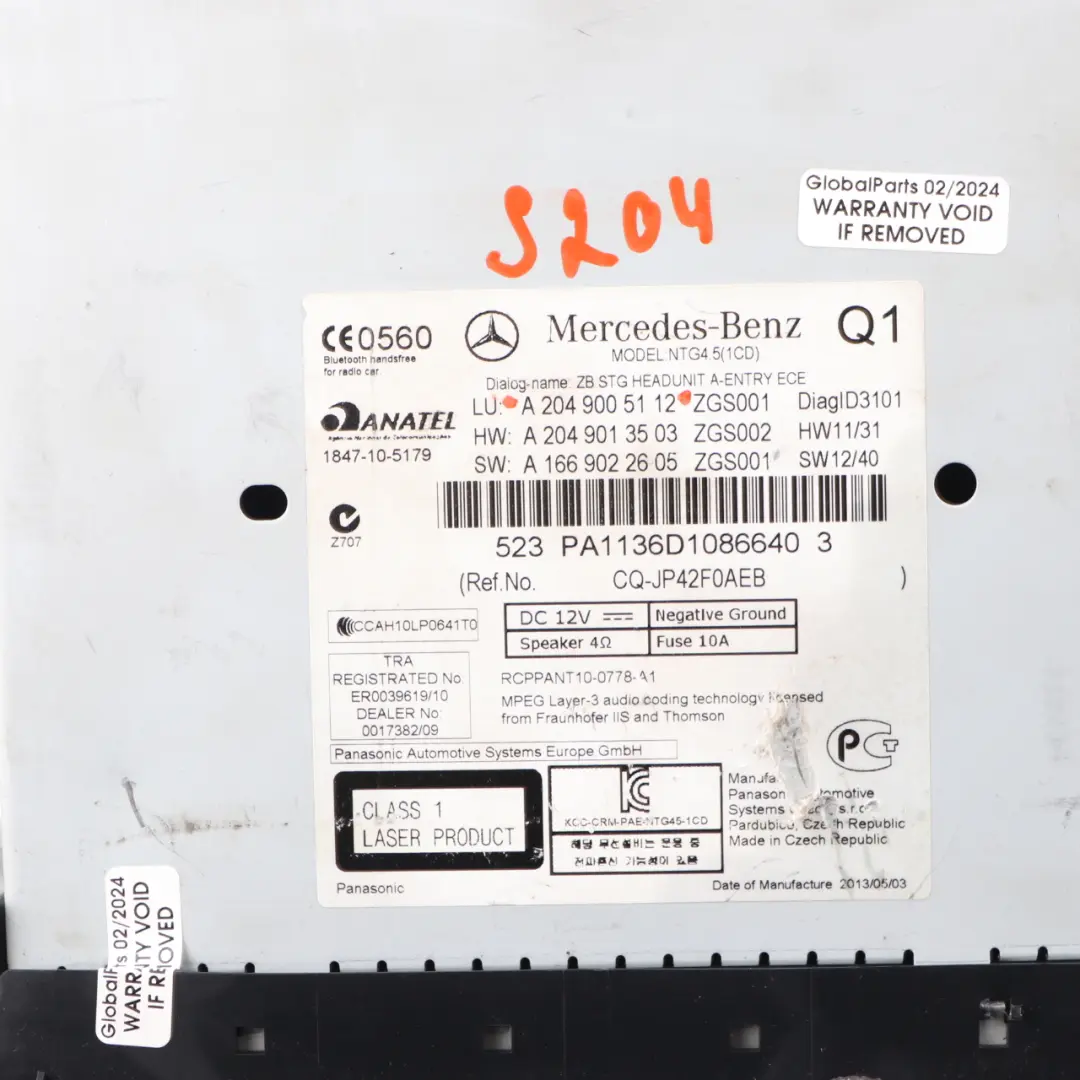 Mercedes W204 Navigation CD Player Radio Stereo Sat Nav Head Unit - SKU A2049005112 - Part number A2049005112