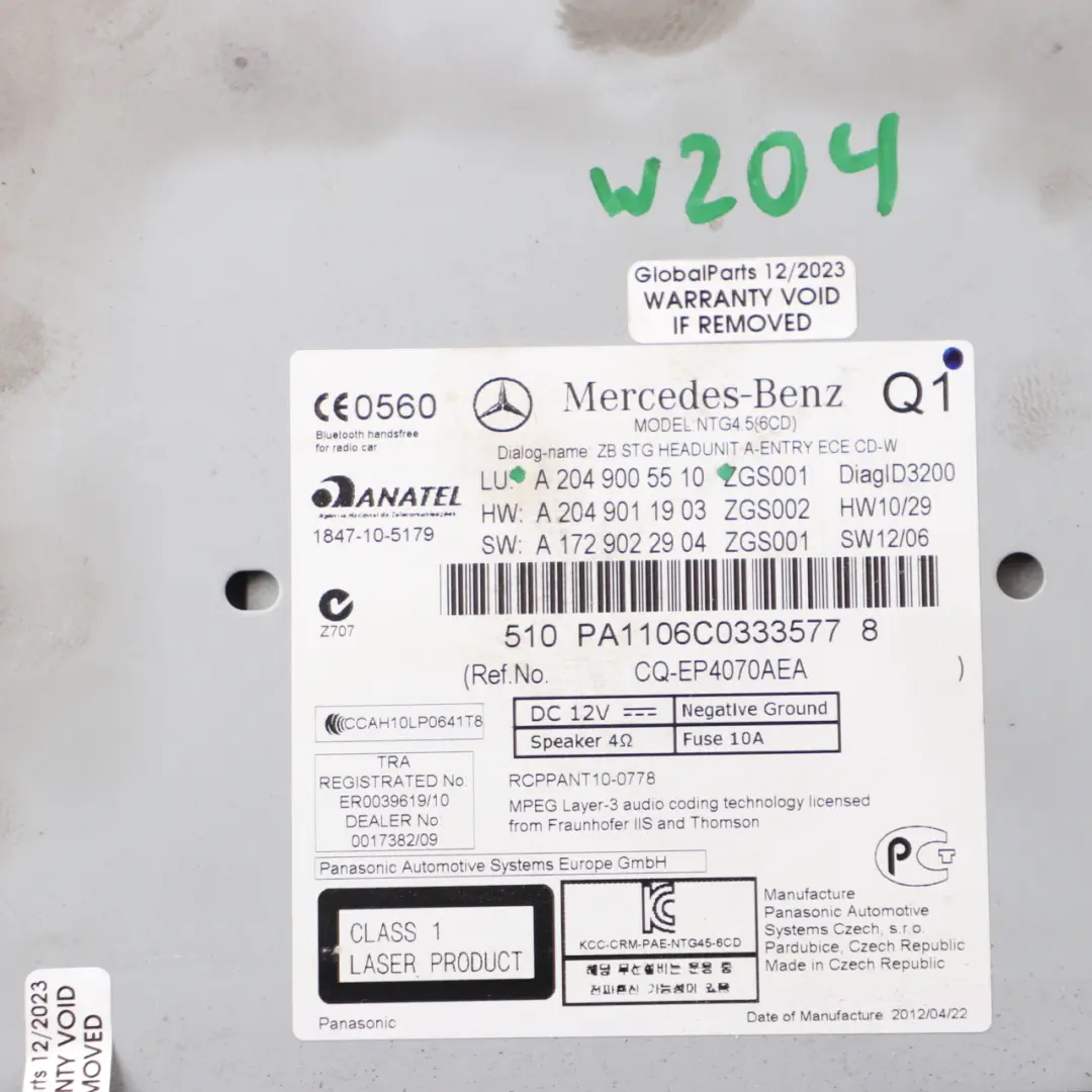 Mercedes W204 Navigation CD Player COMAND Radio Sat Nav Head Unit - SKU A2049005510 - Part number A2049005510