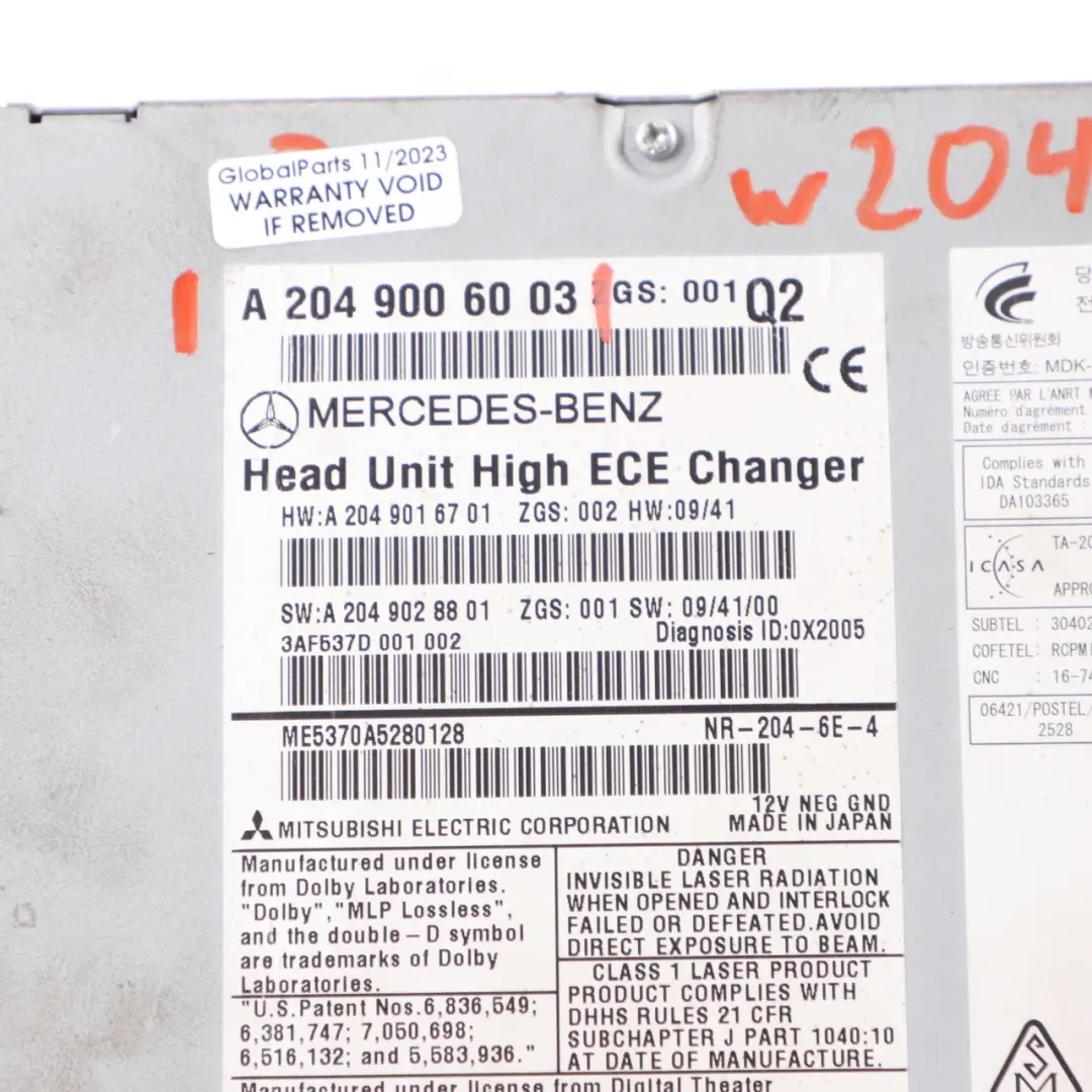  Lettore radio Mercedes W204 Audio 20 Navi Unità principale lettore A2049069701 - SKU A2049006003 - Numero di parte A2049006003