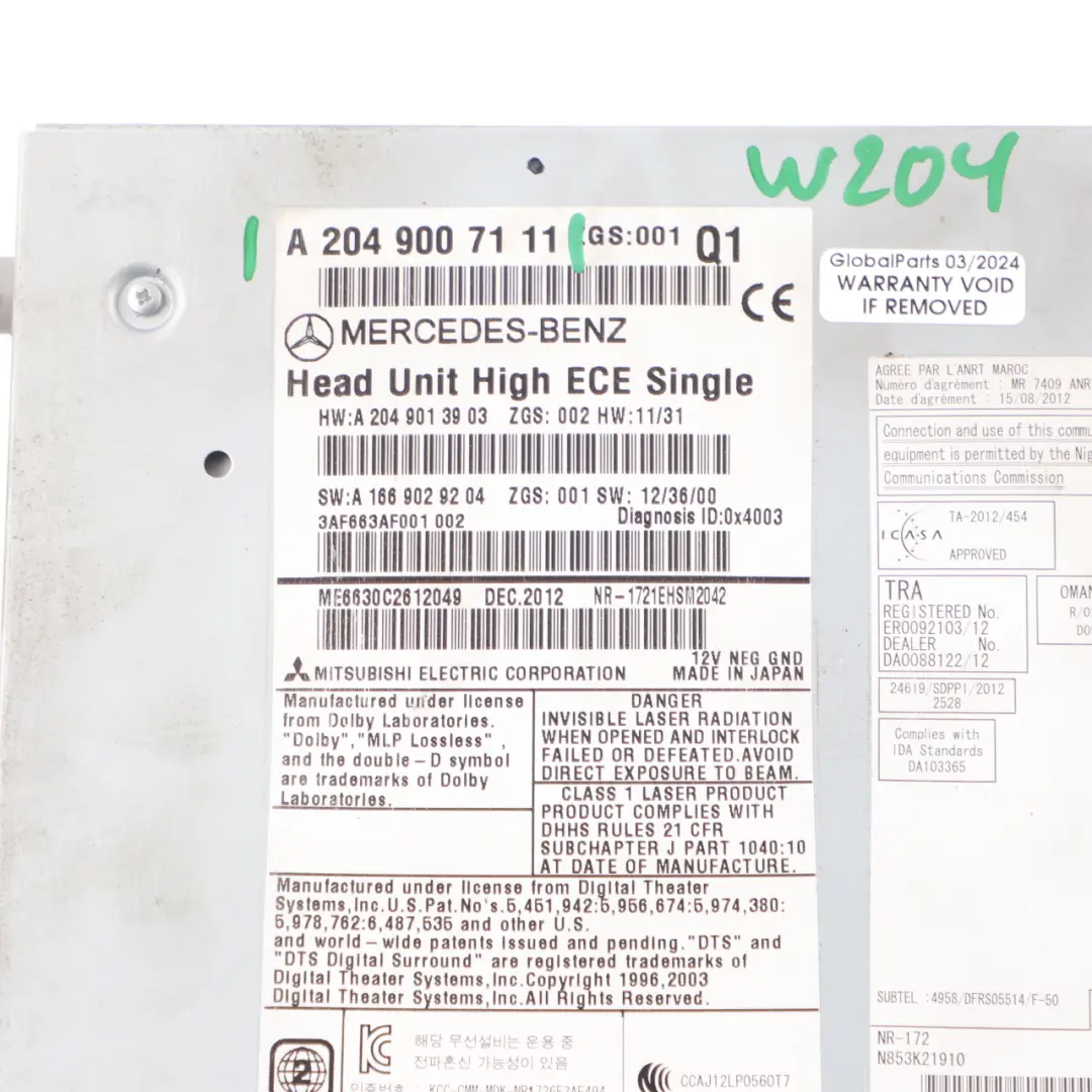 Navigation CD Player Radio Stereo Sat Nav Head Unit to Mercedes W204 with Part number A2049007111 Mercedes W204 Navigation CD Player Radio Stereo Sat Nav Head Unit - SKU A2049007111 - Part number A2049007111