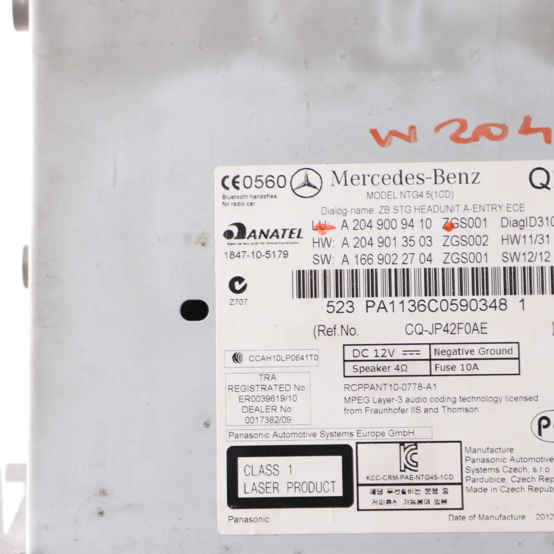 Mercedes W204 CD Jugador Radio Estéreo principal navegación satélite - SKU A2049009410 - Número de pieza A2049009410