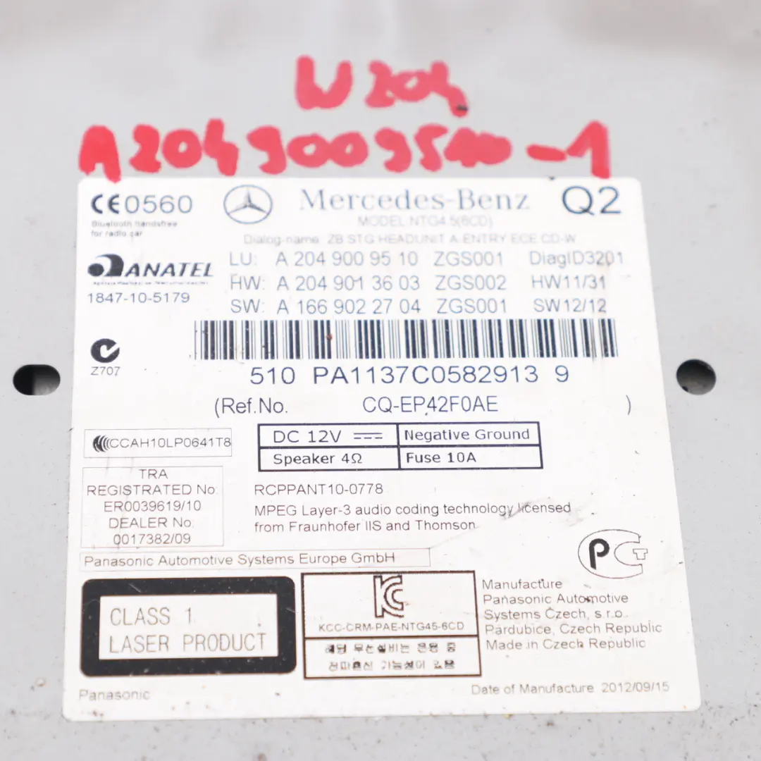 Mercedes W204 COMAND Navigazione Lettore CD Radio Sat Nav Head Unit - SKU A2049009510-1 - Numero di parte A2049009510