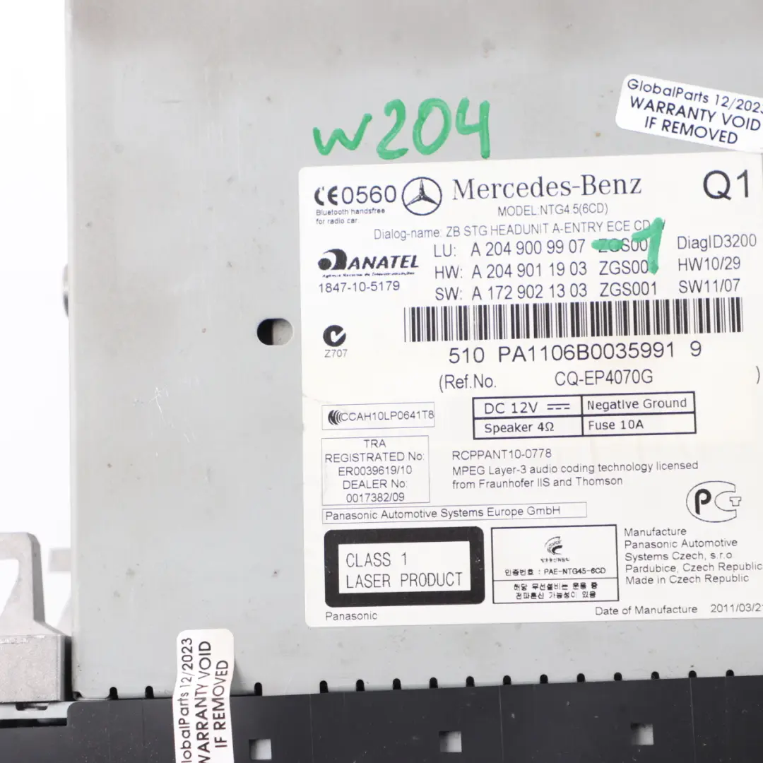 Mercedes W204 Navigation Radio Player Head Unit Computer - SKU A2049009907-1 - Part number A2049009907