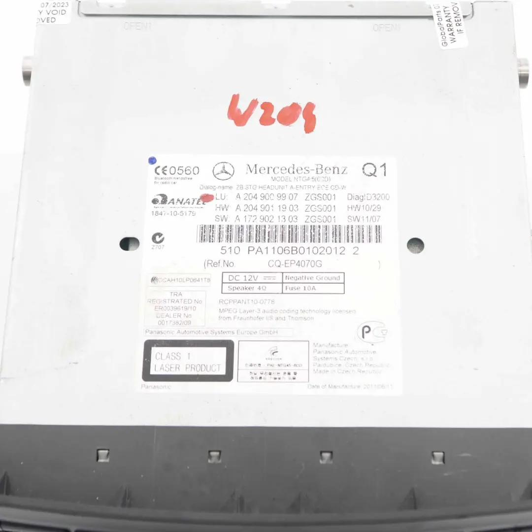 Mercedes W204 Navigazione Radio Player Interruttore unità principale - SKU A2049009907 - Numero di parte A2049009907