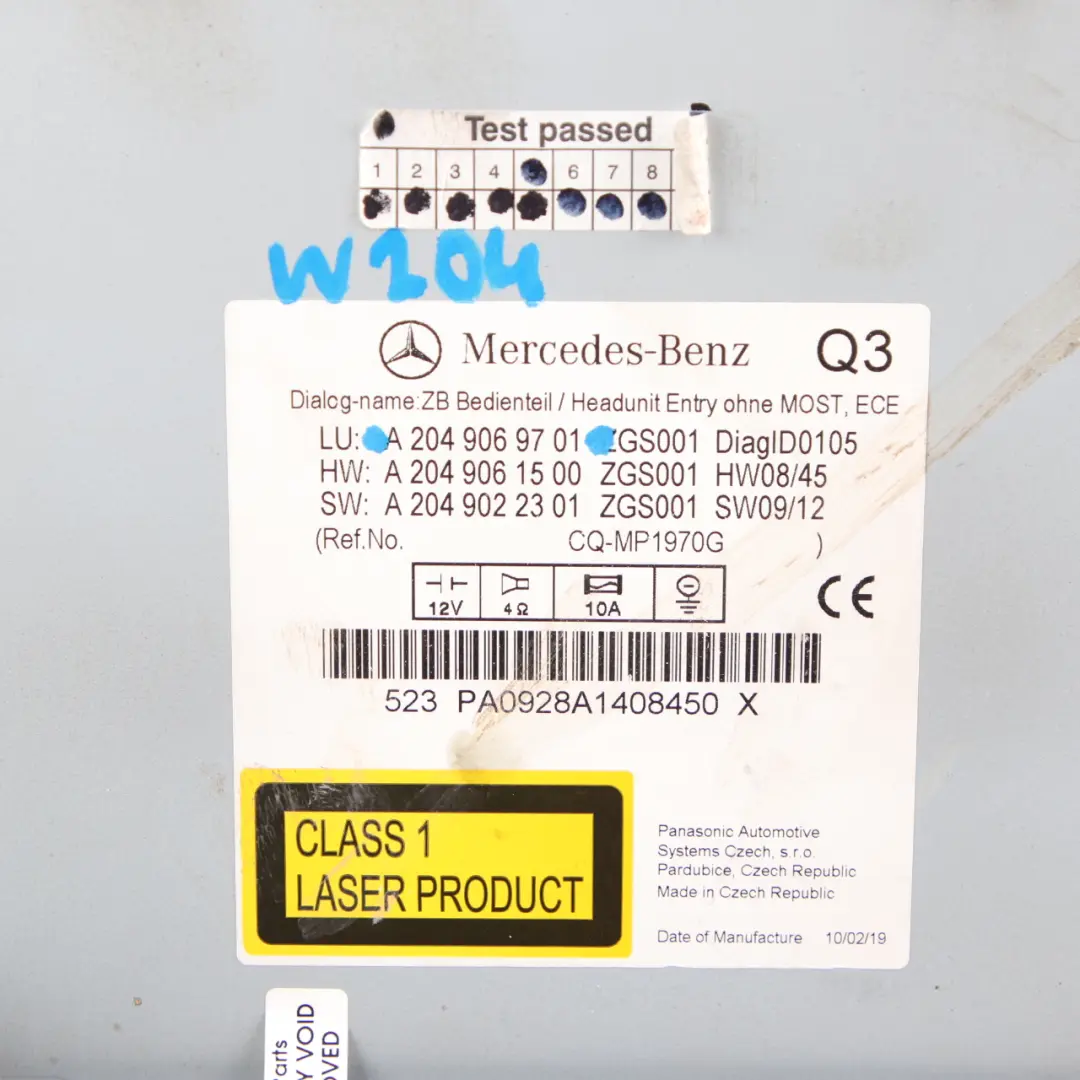  Radio Player Mercedes W204 Audio 20 Navi CD Player Head Unit - SKU A2049069701 - Part number A2049069701