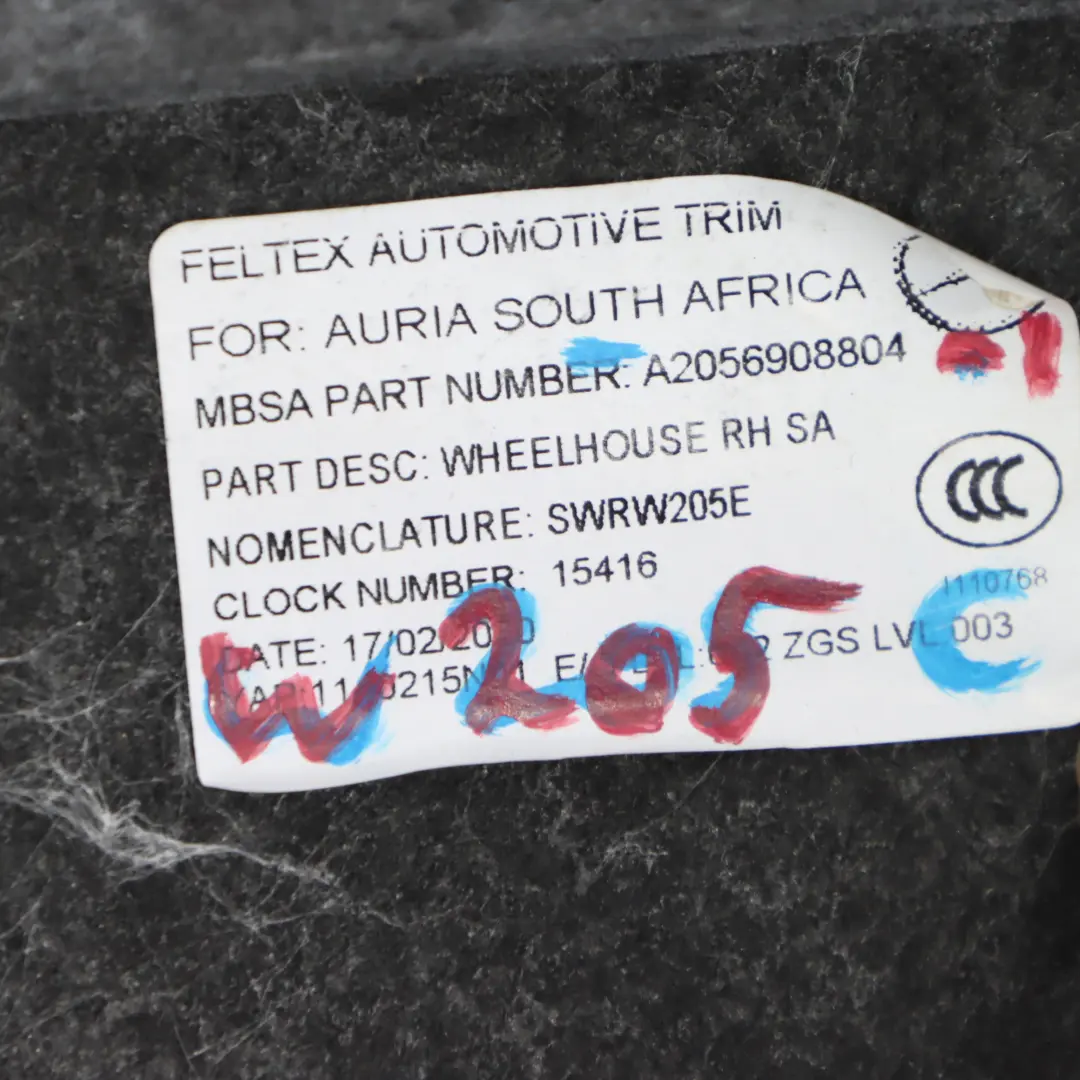 Boot Trunk Right O/S Lateral Panel Luggage Compartment to Mercedes W205 with Part number A2056908804 Mercedes W205 Boot Trunk Right O/S Lateral Panel Luggage Compartment - SKU A2056908804-1 - Part number A2056908804