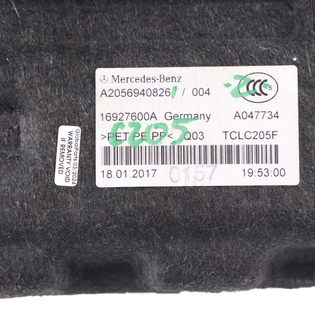 Couvercle de rangement du bac de coffre Porte outils pour Mercedes C205 à propos du numéro de pièce A2056940826 Mercedes C205 Couvercle de rangement du bac de coffre Porte outils - SKU A2056940826 - Numéro de pièce A2056940826