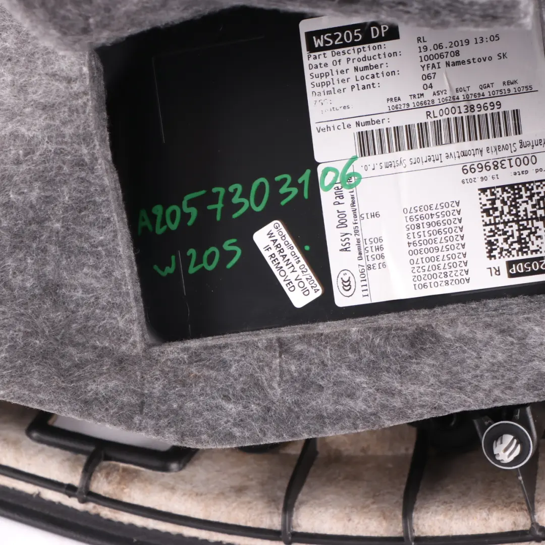 Carte de Porte Arrière Mercedes W205 Gauche Habillage Panneau Cuir Noir - SKU A2057303106 - Numéro de pièce A2057303106