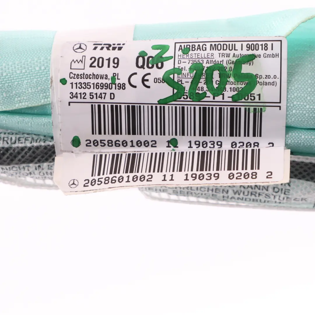 Mercedes W205 Módulo aire cabeza Techo Cortina lateral izquierda - SKU A2058601002 - Número de pieza A2058601002