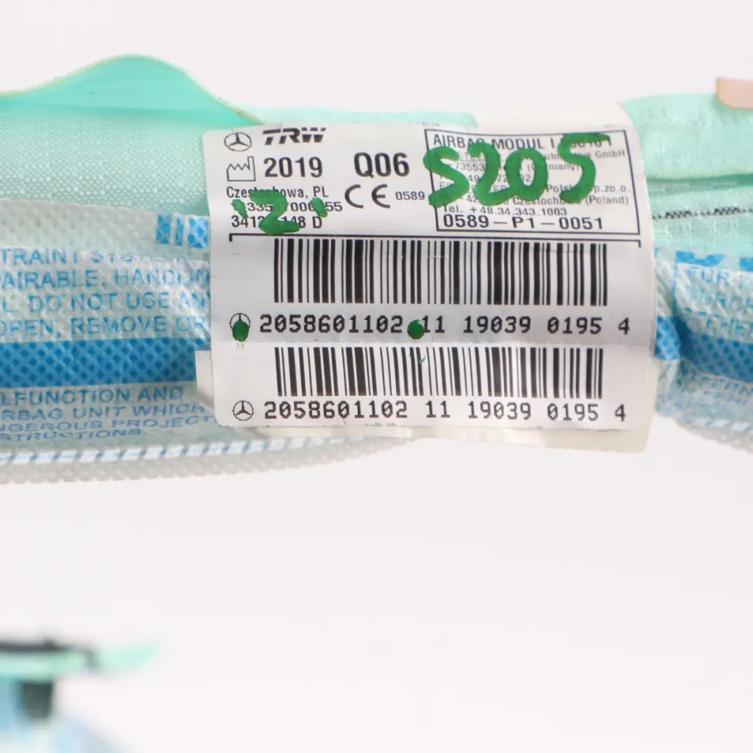 Mercedes W205 Head Air Module Techo Cortina Lateral Derecha - SKU A2058601102 - Número de pieza A2058601102