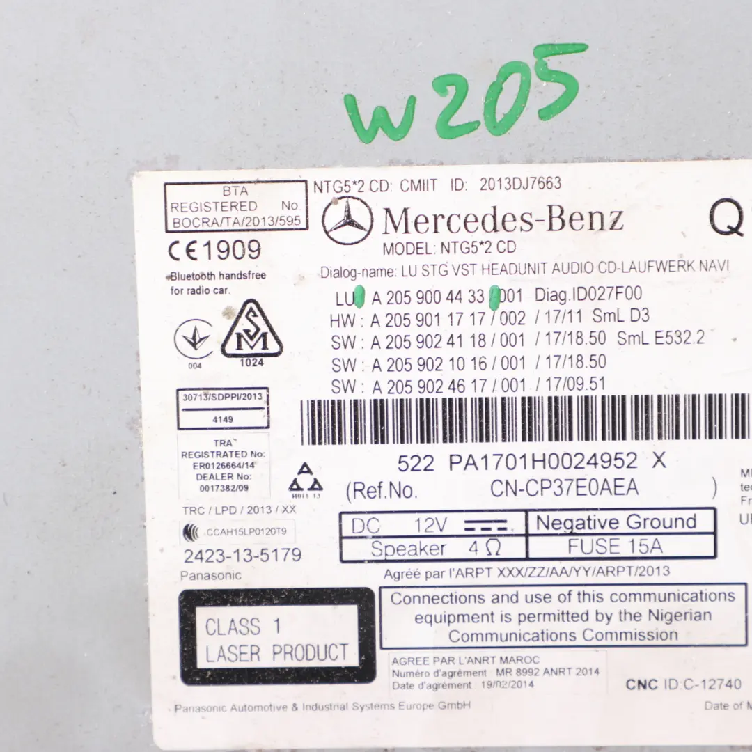 Unità principale Radio CD Giocatore Sat Nav Multimedia per Mercedes W205 con numero di parte A2059004433 Mercedes W205 Unità principale Radio CD Giocatore Sat Nav Multimedia - SKU A2059004433 - Numero di parte A2059004433