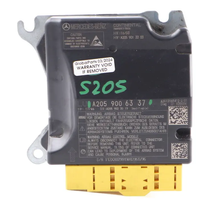 Moduł Sensor Poduszek Airbag SRS do Mercedes S205 o numerze A2059006337 Mercedes S205 Moduł Sensor Poduszek Airbag SRS - SKU A2059006337 - Numer Części A2059006337