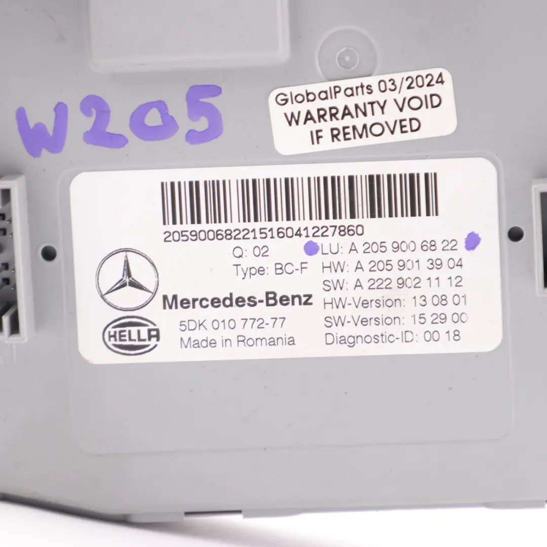  Module Mercedes W205 Relay Body Control Module Unit SAM BCM - SKU A2059006822 - Part number A2059006822