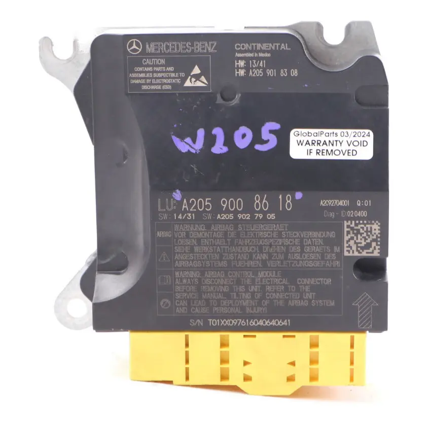 Módulo de Seguridad Airbag SRS Unidad Módulo Control para Mercedes W205 con número de pieza A2059008618 Mercedes W205 Módulo de Seguridad Airbag SRS Unidad Módulo Control - SKU A2059008618 - Número de pieza A2059008618