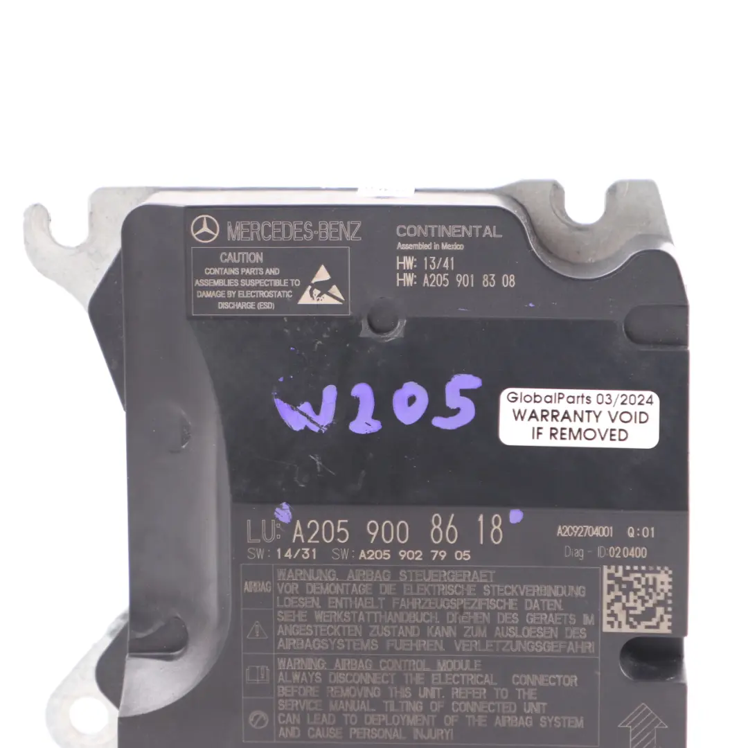  Safety Module Mercedes W205 Airbag SRS Control Module Unit - SKU A2059008618 - Part number A2059008618