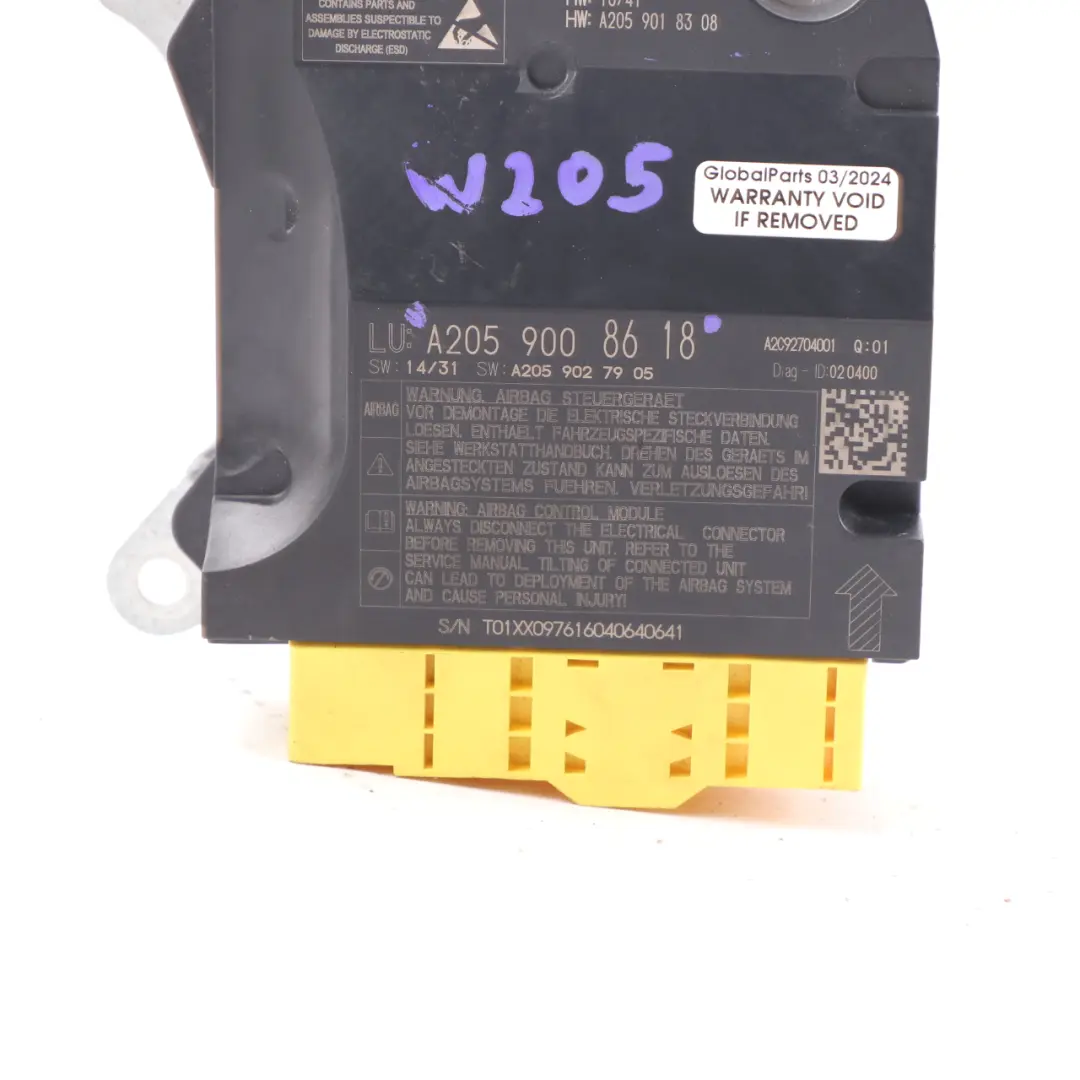 Modulo di sicurezza Airbag SRS Modulo di controllo per Mercedes W205 con numero di parte A2059008618 Mercedes W205 Modulo di sicurezza Airbag SRS Modulo di controllo - SKU A2059008618 - Numero di parte A2059008618