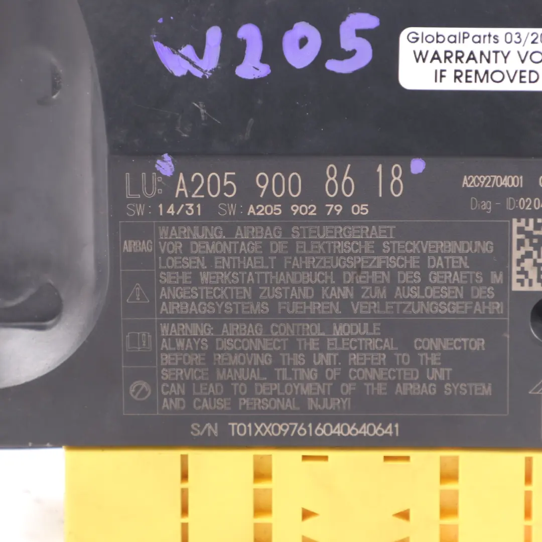 Sicherheitsmodul Airbag SRS Steuermodul Einheit für Mercedes W205 mit Teilenummer A2059008618 Mercedes W205 Sicherheitsmodul Airbag SRS Steuermodul Einheit - SKU A2059008618 - Teilenummer A2059008618