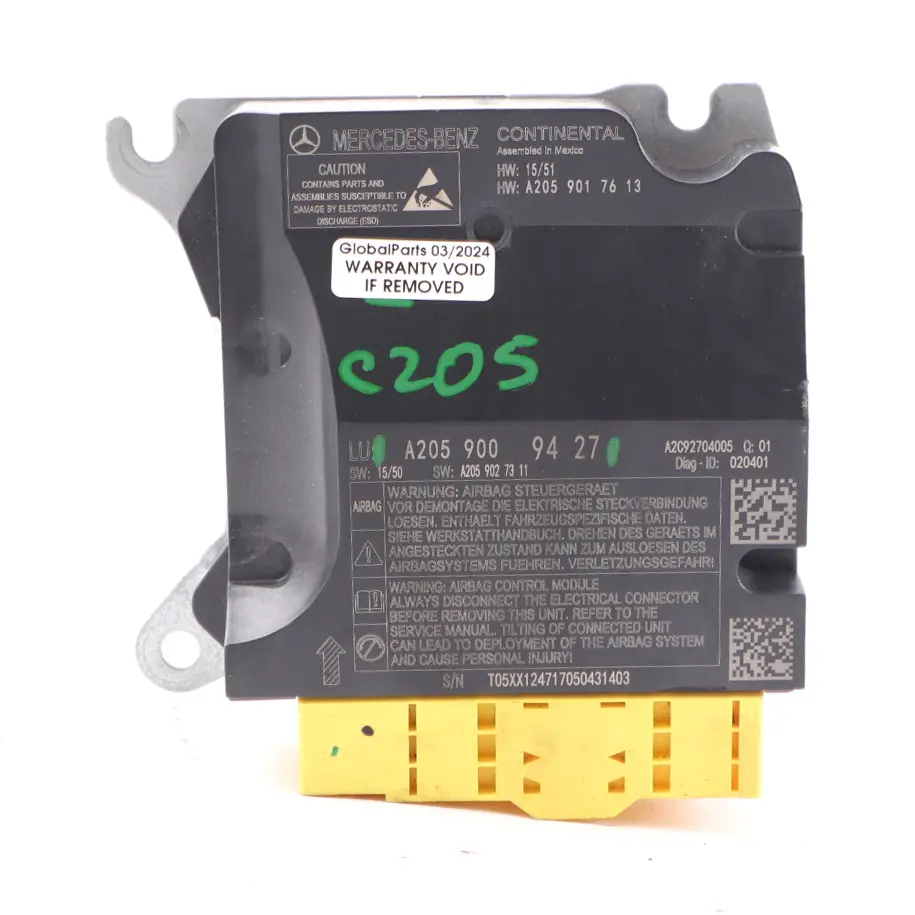 Vorderseite Luft modul SRS Steuergerät ECU für Mercedes W205 mit Teilenummer A2059009427 Mercedes W205 Vorderseite Luft modul SRS Steuergerät ECU - SKU A2059009427 - Teilenummer A2059009427