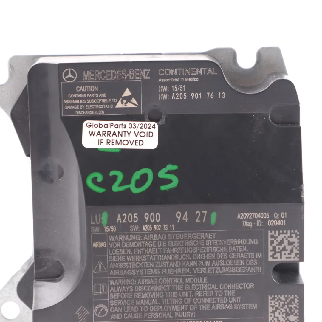 Module d'air avant Unité de contrôle SRS ECU pour Mercedes W205 à propos du numéro de pièce A2059009427 Mercedes W205 Module d'air avant Unité de contrôle SRS ECU - SKU A2059009427 - Numéro de pièce A2059009427