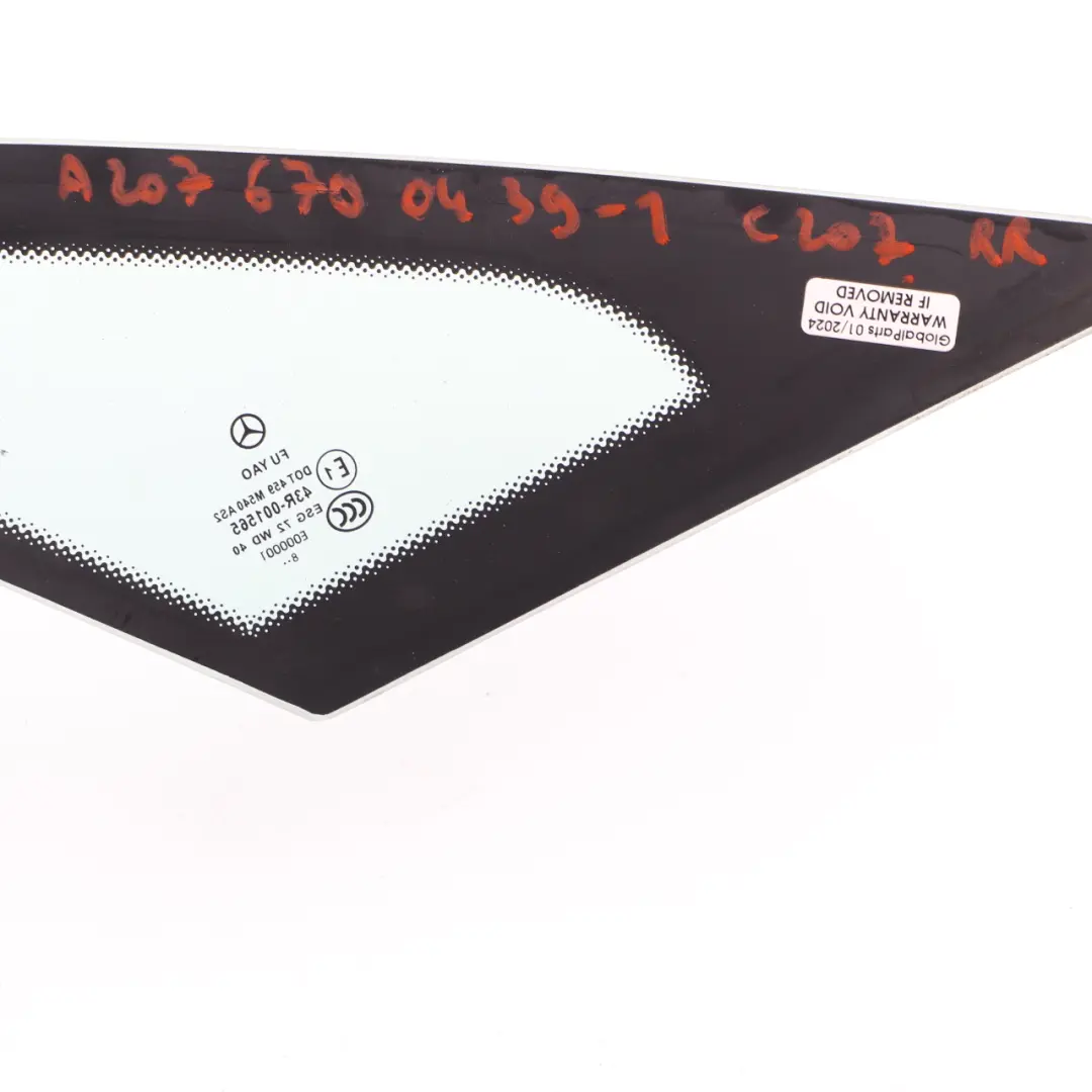 Quarter Side Window Rear Right O/S Glazing Triangle Glass AS2 to Mercedes C207 with Part number A2076700439 Mercedes C207 Quarter Side Window Rear Right O/S Glazing Triangle Glass AS2 - SKU A2076700439-1 - Part number A2076700439