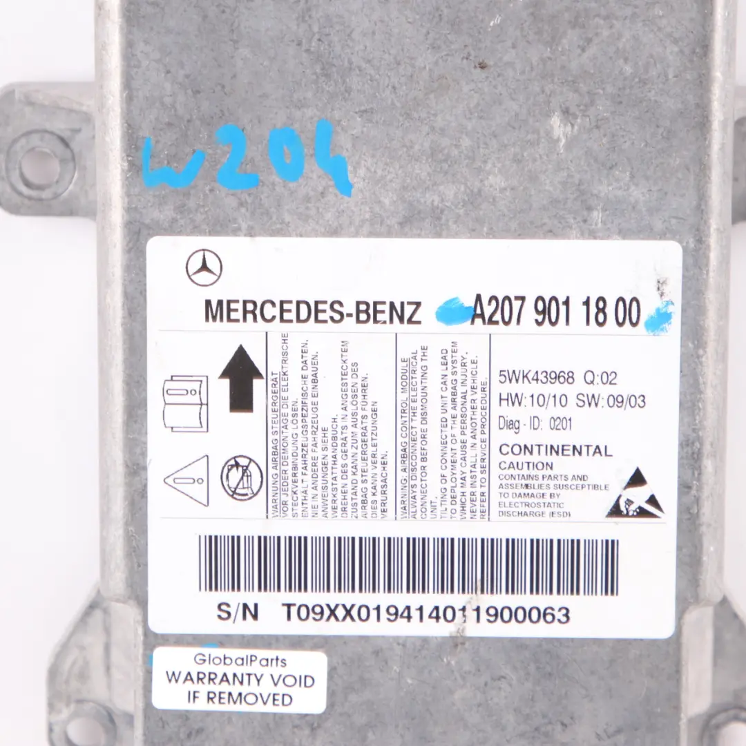 Mercedes W204 W207 Steuergerät ECU Sensor Modul Air SRS Bag - SKU A2079011800 - Teilenummer A2079011800