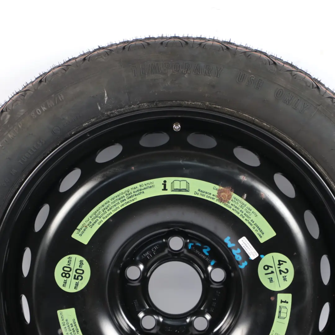 Ersatzrad Stahlreifen R16 7J ET:37 125/80 für Mercedes W203 C209 mit Teilenummer A2094000302 Mercedes W203 C209 Ersatzrad Stahlreifen R16 7J ET:37 125/80 - SKU A2094000302-2 - Teilenummer A2094000302