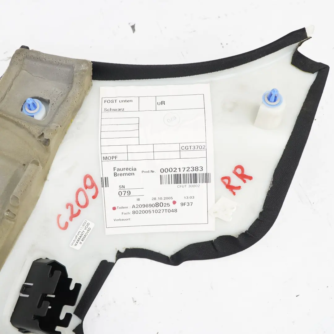 Lateral Lower Trim Right O/S Trim Panel Cover Cloth Black to Mercedes C209 Rear with Part number A2096908025 Mercedes C209 Rear Lateral Lower Trim Right O/S Trim Panel Cover Cloth Black - SKU A2096908025 - Part number A2096908025