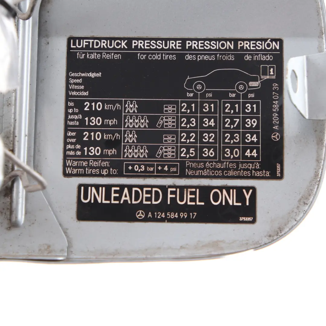 Flap Tank Cap Cover Tellurium Silver - 762 to Mercedes W209 Fuel with Part number A2097500406 Mercedes W209 Fuel Flap Tank Cap Cover Tellurium Silver - 762 - SKU A2097500406-TES - Part number A2097500406