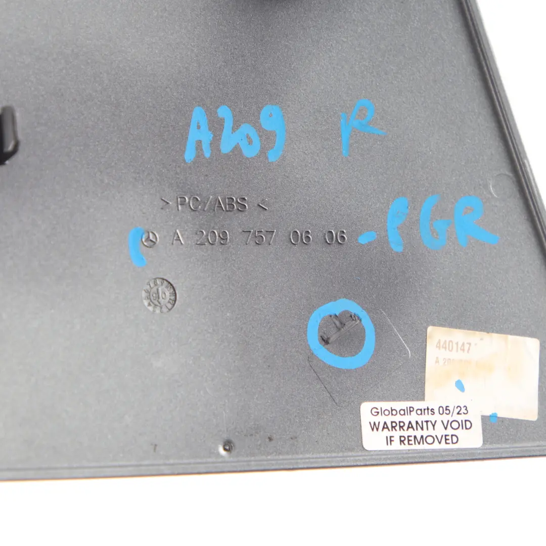 Roof Hinge Cover Right O/S Perlite Grey to Mercedes W209 Convertible with Part number A2097570606 Mercedes W209 Convertible Roof Hinge Cover Right O/S Perlite Grey - SKU A2097570606-PGR - Part number A2097570606