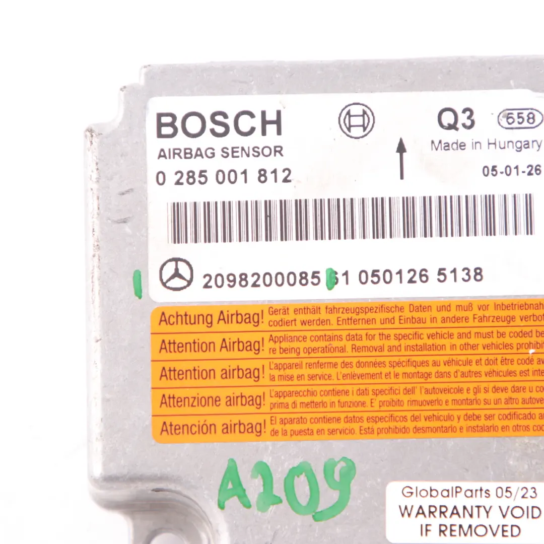 Mercedes W209 Moduł Sterownik Airbag Poduszek Powietrznych - SKU A2098200085 - Numer Części A2098200085