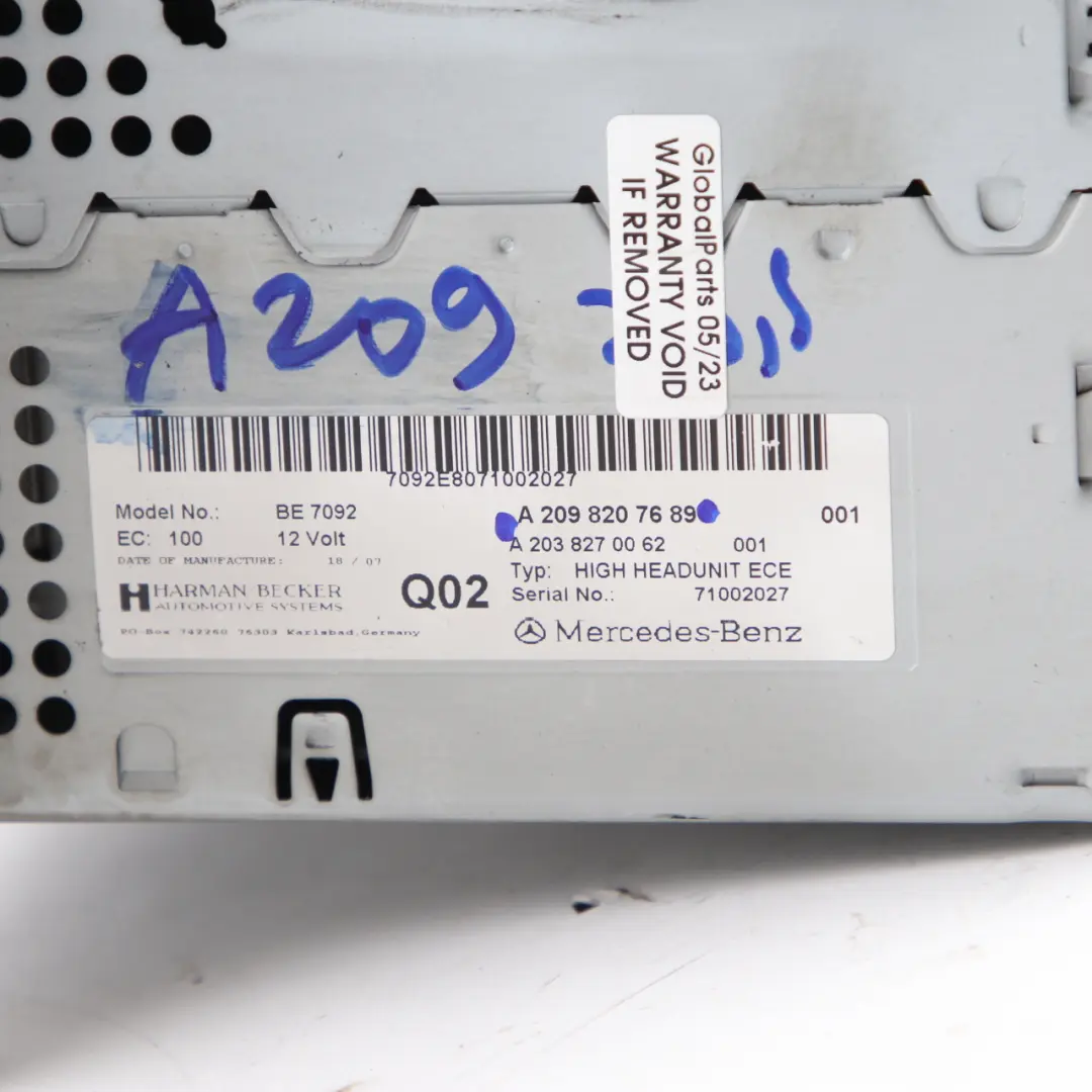 Radio Head Unit Mercedes W209 Media Player Navigation Screen - SKU A2098207689 - Part number A2098207689
