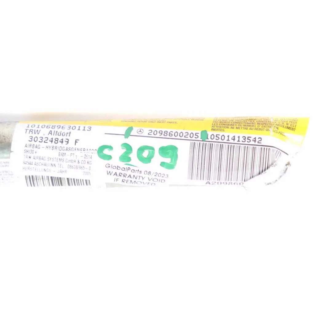 Head Side Módulo de Aire Derecho Cortina de Techo para Mercedes W209 C209 con número de pieza A2098600205 Mercedes W209 C209 Head Side Módulo de Aire Derecho Cortina de Techo - SKU A2098600205 - Número de pieza A2098600205