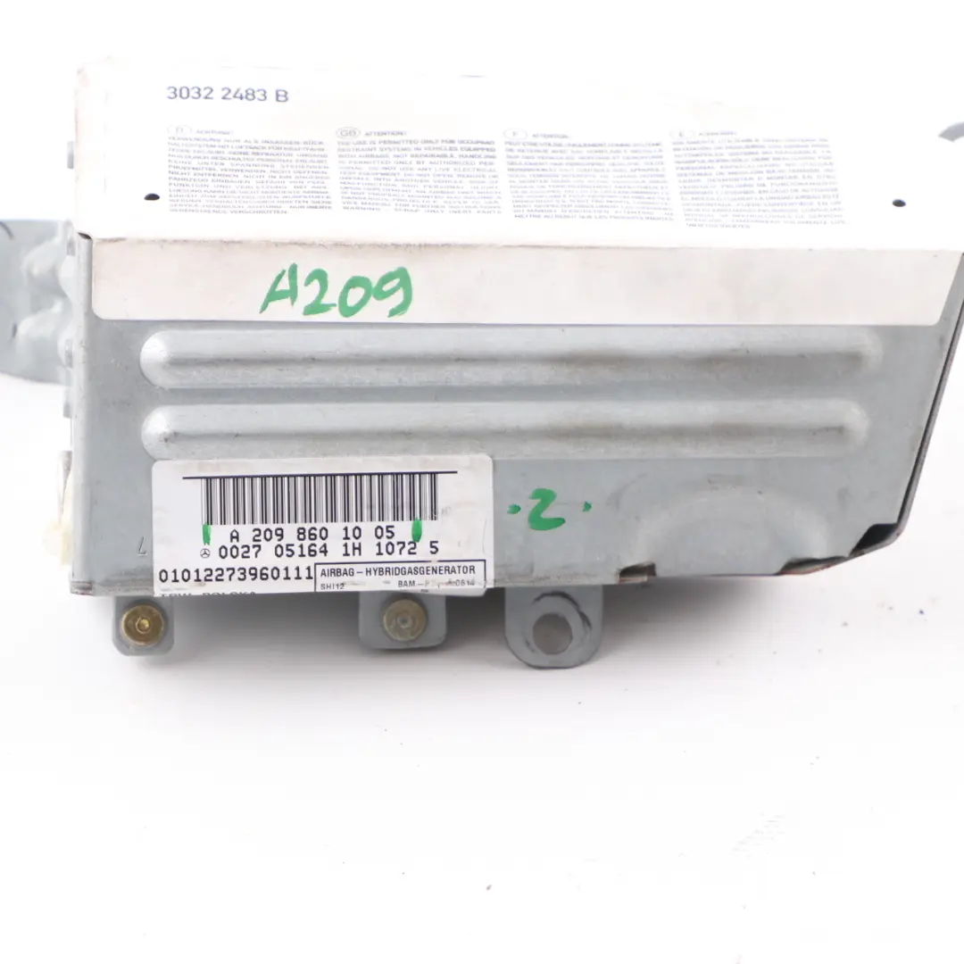 Right O/S Window Airbag Module to Mercedes A209 Convertible Rear with Part number A2098601005 Mercedes A209 Convertible Rear Right O/S Window Airbag Module - SKU A2098601005 - Part number A2098601005