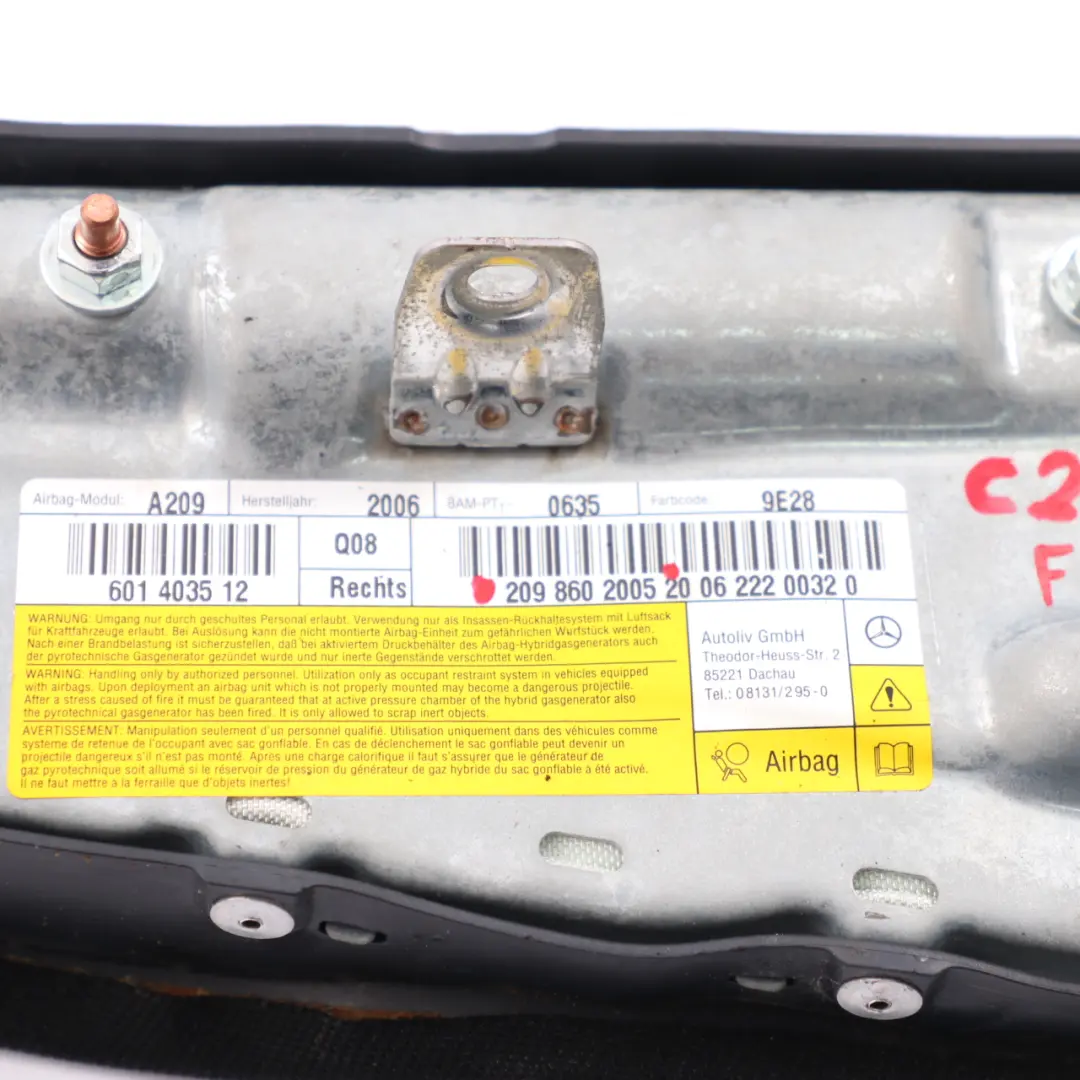 Mercedes W209 Convertible Airbag Asiento Delantero Derecho Lateral - SKU A2098602005 - Número de pieza A2098602005