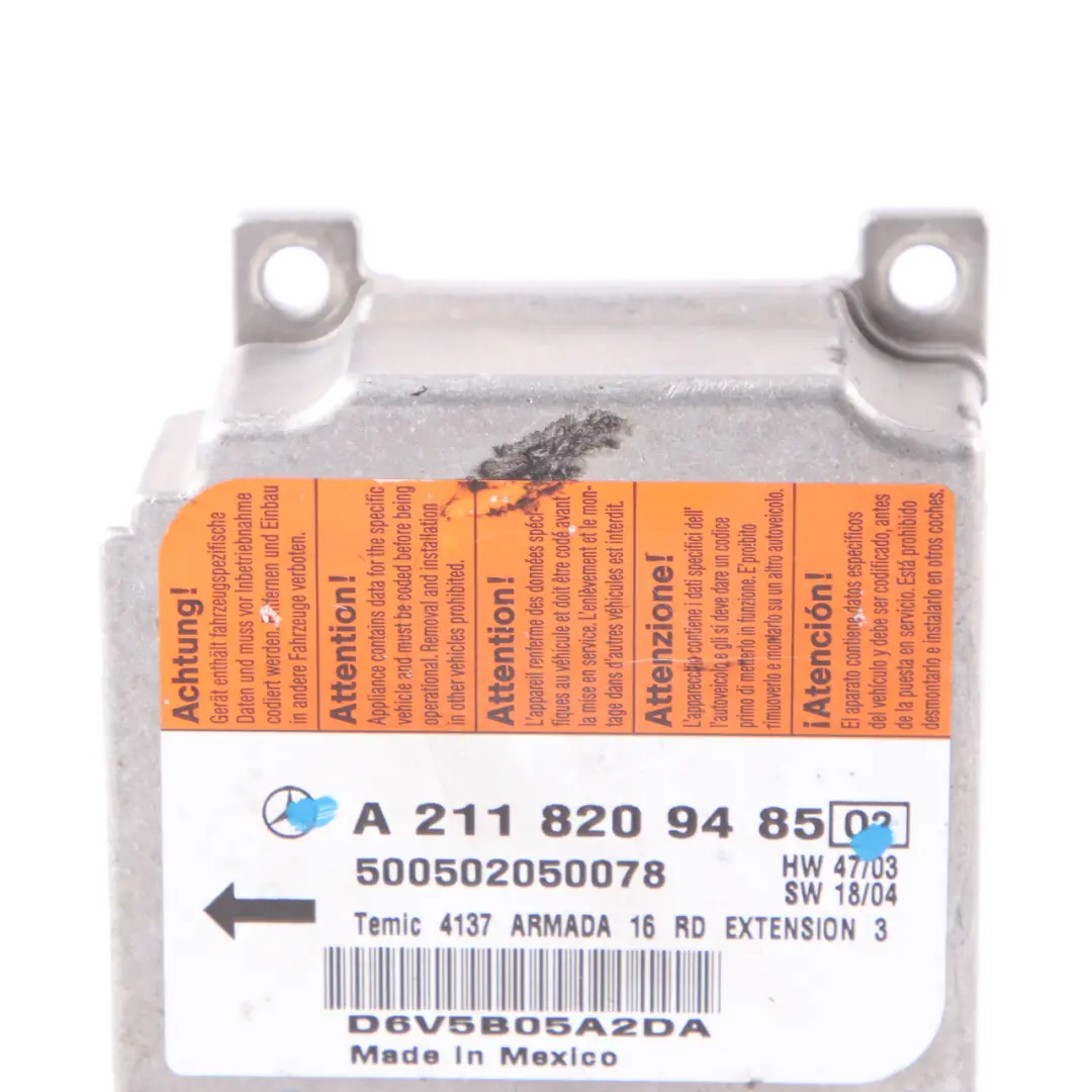 Airbag Module Mercedes W211 W219 Air Bag SRS Control Unit ECU to with Part number A2118209485 Airbag Module Mercedes W211 W219 Air Bag SRS Control Unit ECU - SKU A2118209485 - Part number A2118209485