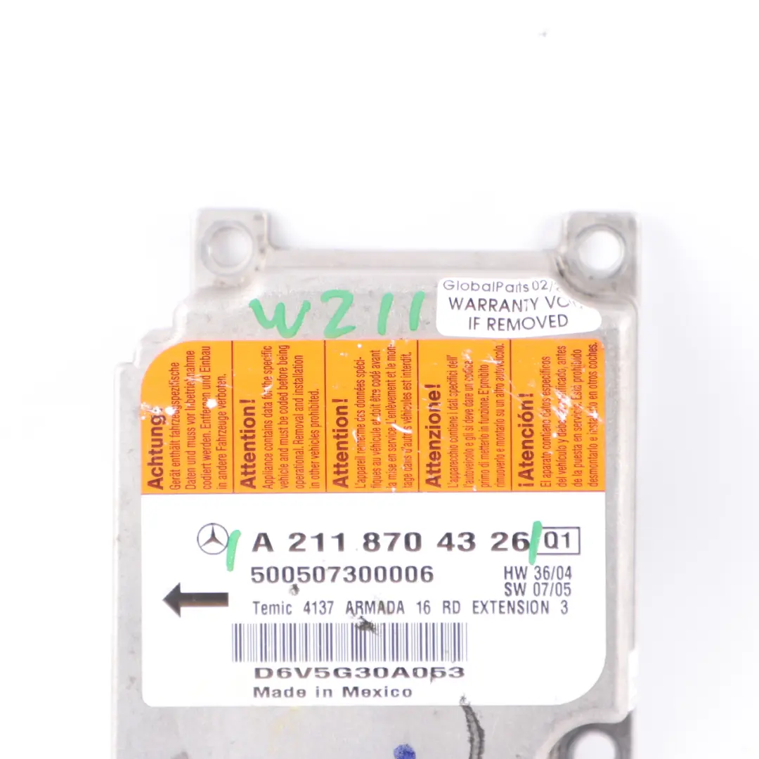 Module Mercedes W211 CLS C219 SRS Control Unit ECU to Air with Part number A2118704326 Air Module Mercedes W211 CLS C219 SRS Control Unit ECU - SKU A2118704326 - Part number A2118704326