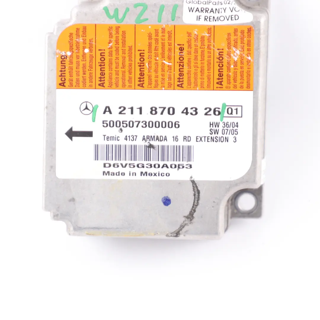 Module Mercedes W211 CLS C219 SRS Control Unit ECU to Air with Part number A2118704326 Air Module Mercedes W211 CLS C219 SRS Control Unit ECU - SKU A2118704326 - Part number A2118704326